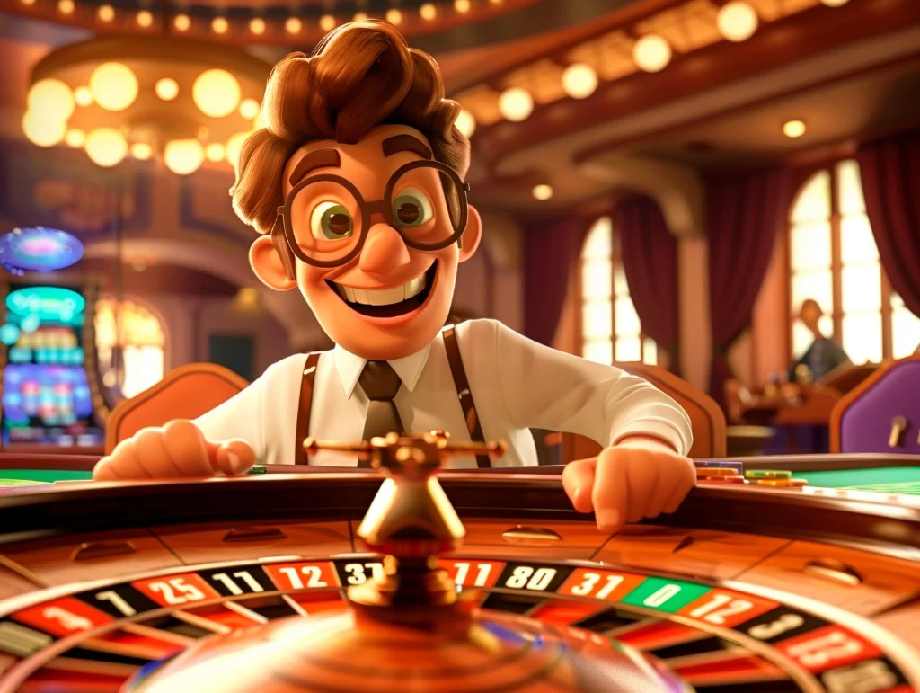 Smiling player in glasses at a live roulette table in a warm, upscale casino; polished wooden wheel and golden lights in the background