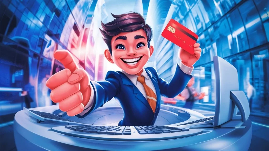 Smiling professional with credit card and thumbs-up at a modern desk — digital payments and support theme