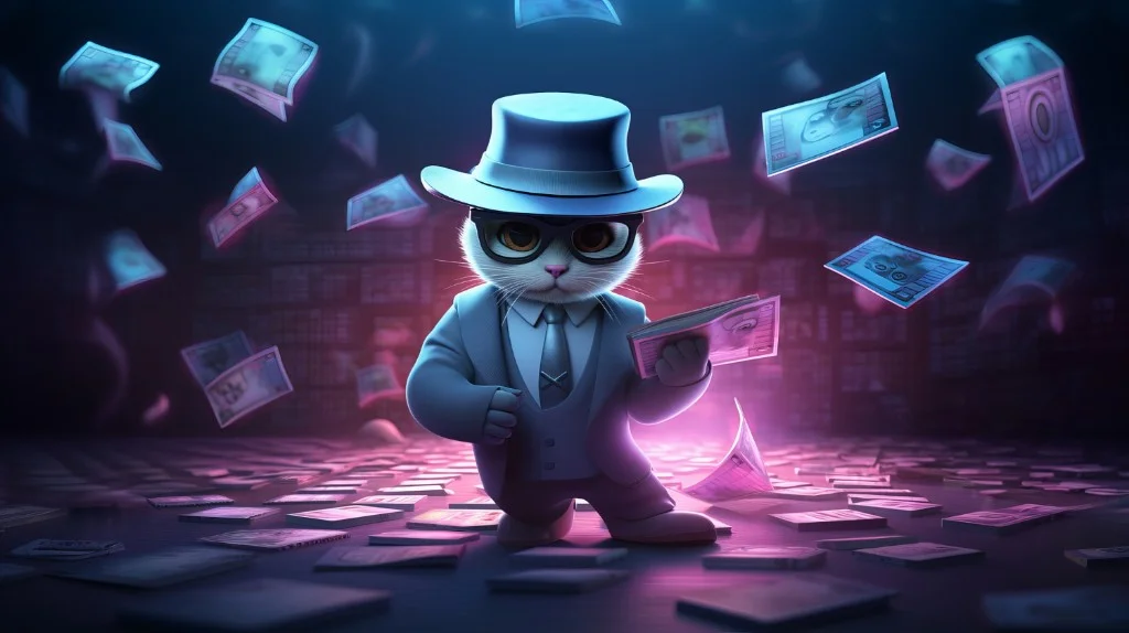 Editorial illustration of a suited cat investigator with floating banknotes — platform integrity and audit theme