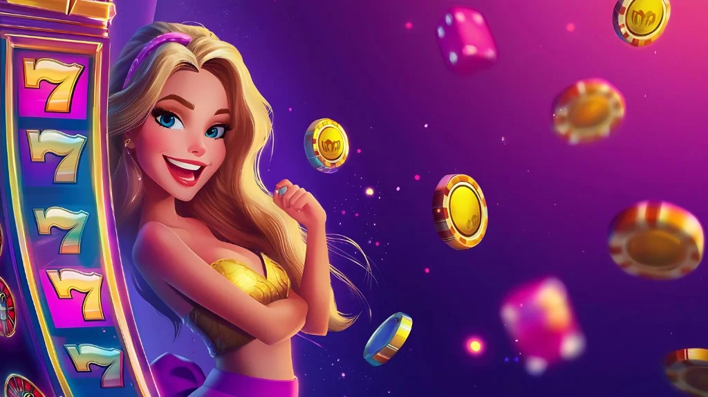 Cheerful character beside a slot machine with chips and dice — online slots and casino gaming theme