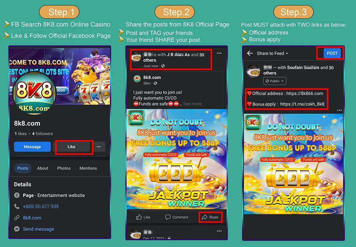 Steps to apply for the 8k8 Facebook share bonus